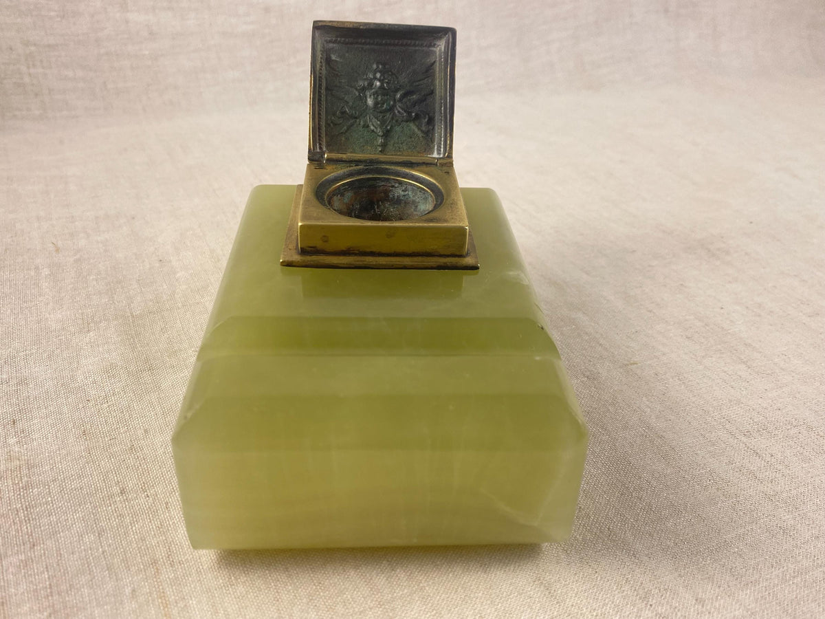 Encrier ancien en onyx italien, ensemble de bureau Art nouveau pour dame, pierre sculptée à la main