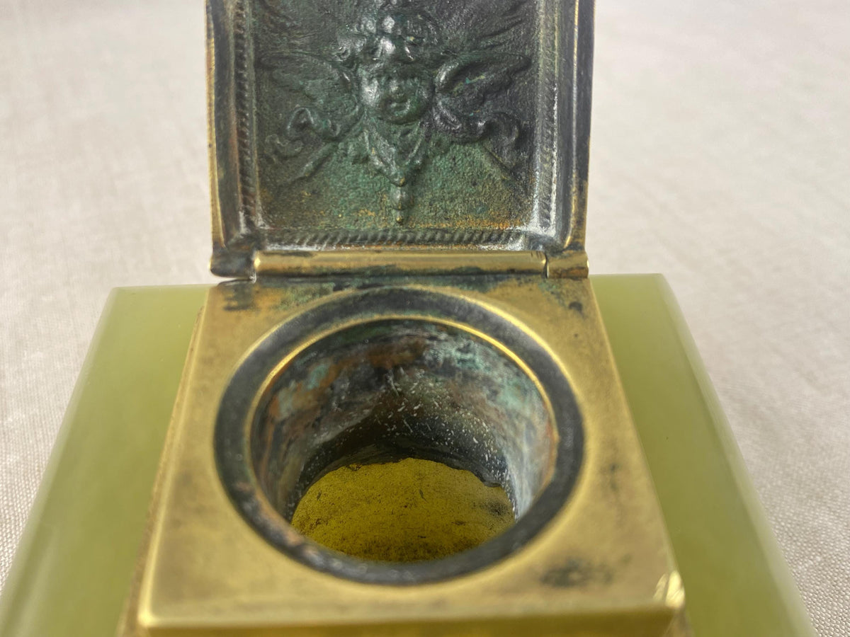 Encrier ancien en onyx italien, ensemble de bureau Art nouveau pour dame, pierre sculptée à la main