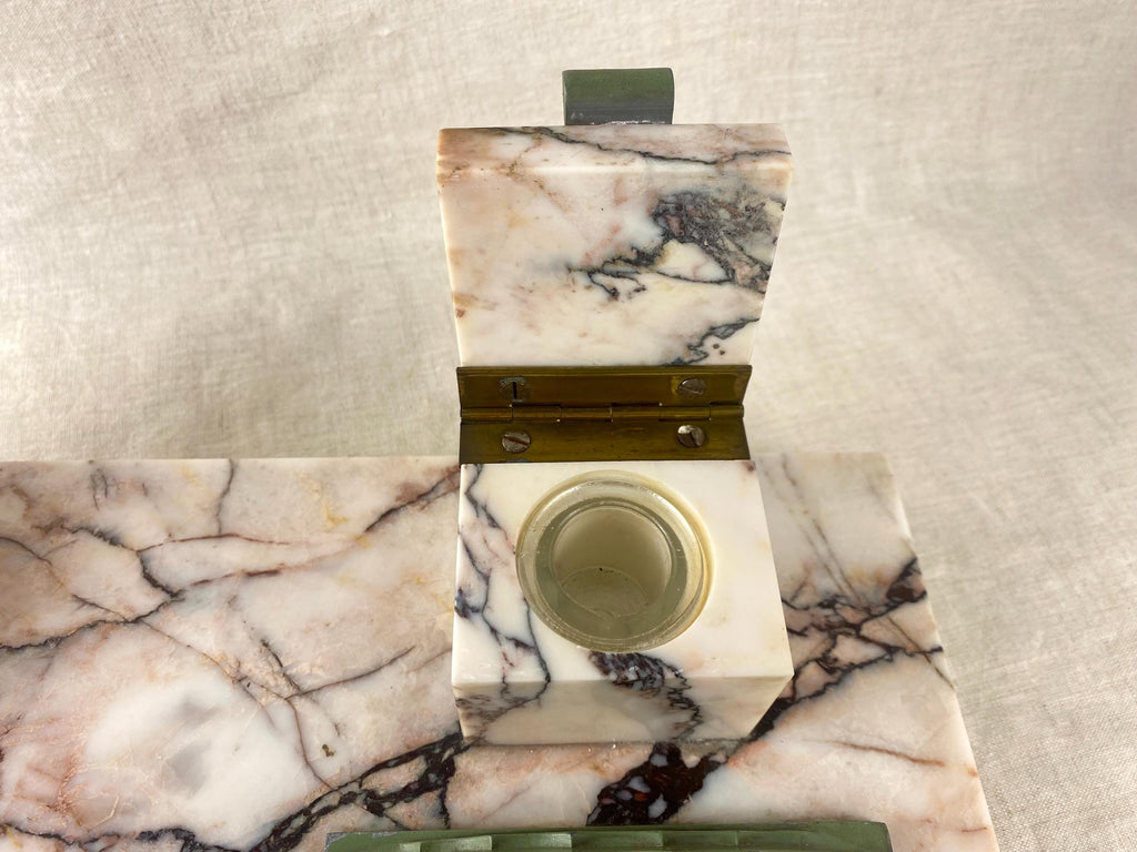 Art Deco Calacatta Viola Marble Double Inkwell, Large Italian Desk Set, 1920s