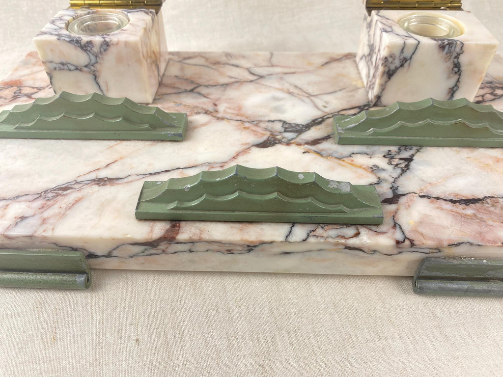 Art Deco Calacatta Viola Marble Double Inkwell, Large Italian Desk Set, 1920s