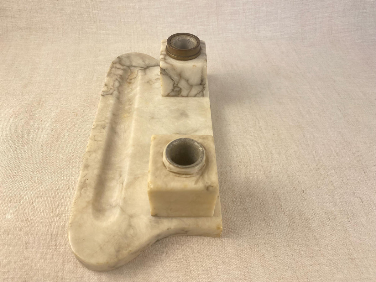 Double encrier Art déco en marbre de Carrare, ensemble de bureau ancien italien