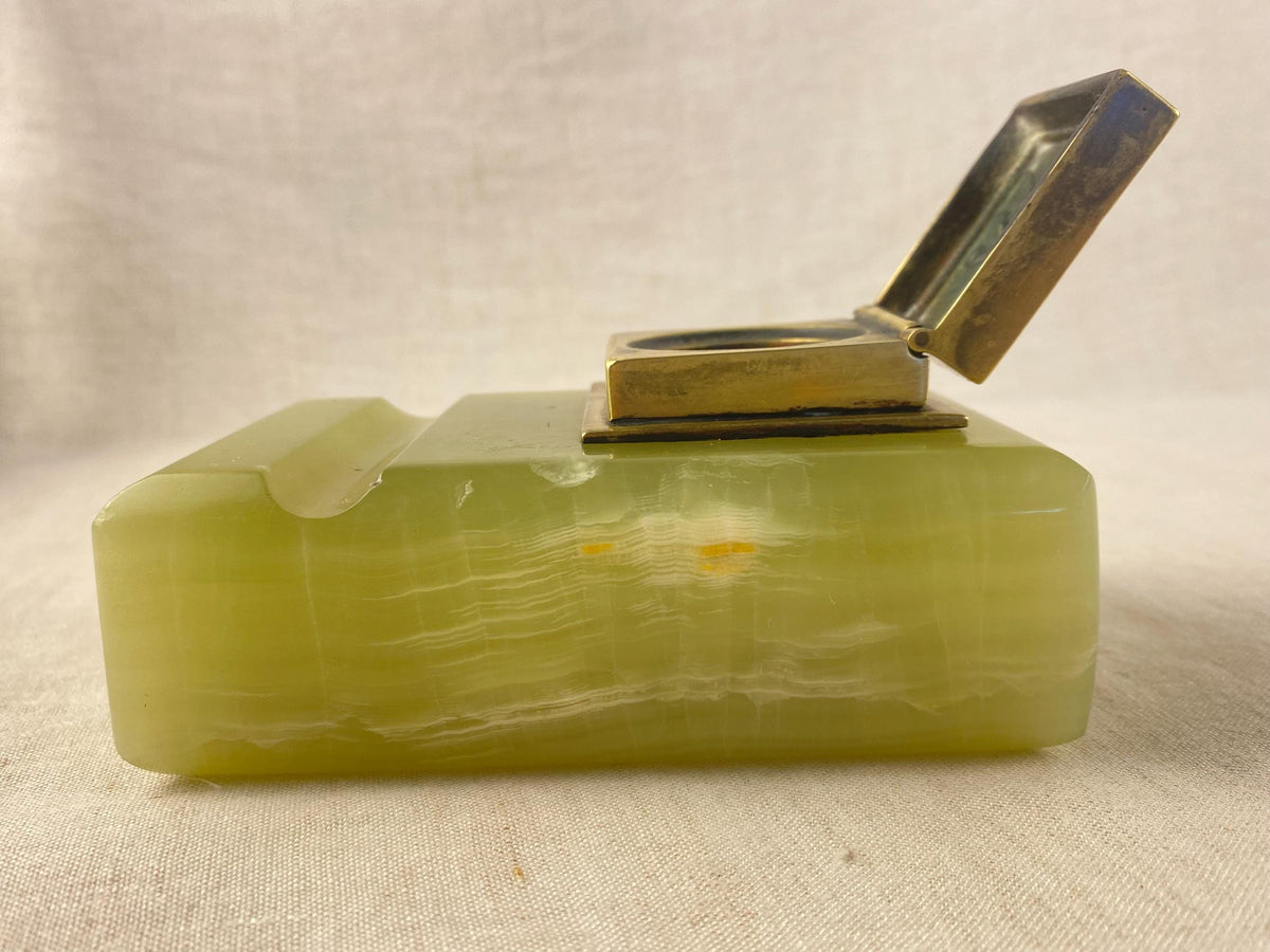 Encrier ancien en onyx italien, ensemble de bureau Art nouveau pour dame, pierre sculptée à la main