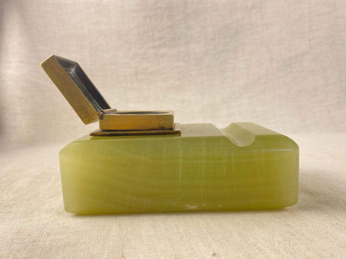 Encrier ancien en onyx italien, ensemble de bureau Art nouveau pour dame, pierre sculptée à la main