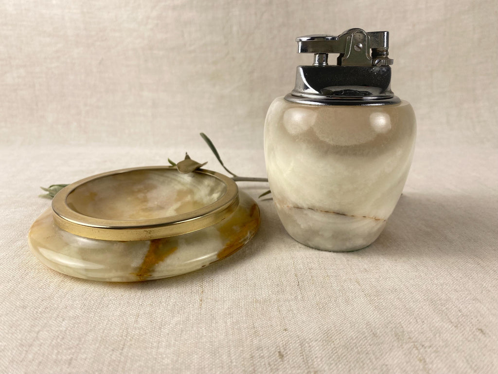 Juego de fumar vintage de ónix: encendedor y cenicero, juego de escritorio de piedra italiana