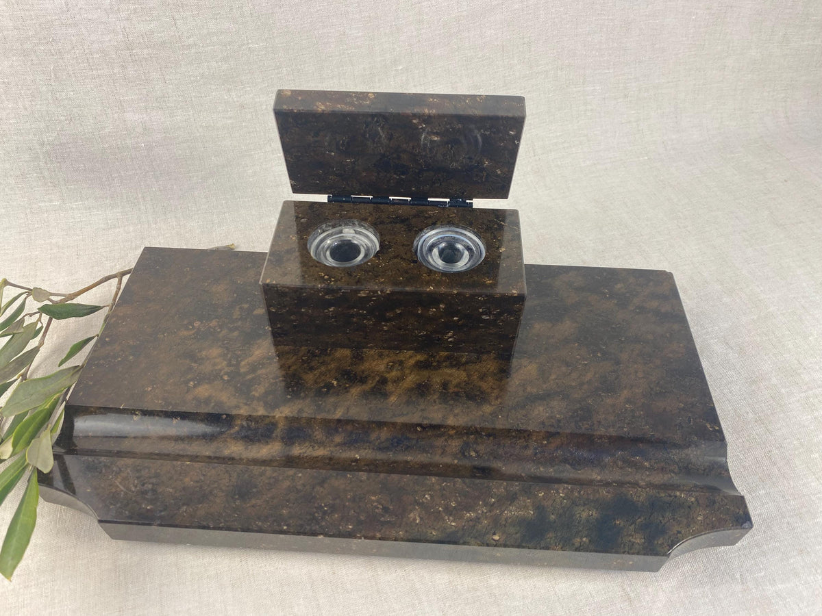 Double encrier en pierre de style Art Déco - Ensemble de bureau ancien en marbre Brunetta allemand