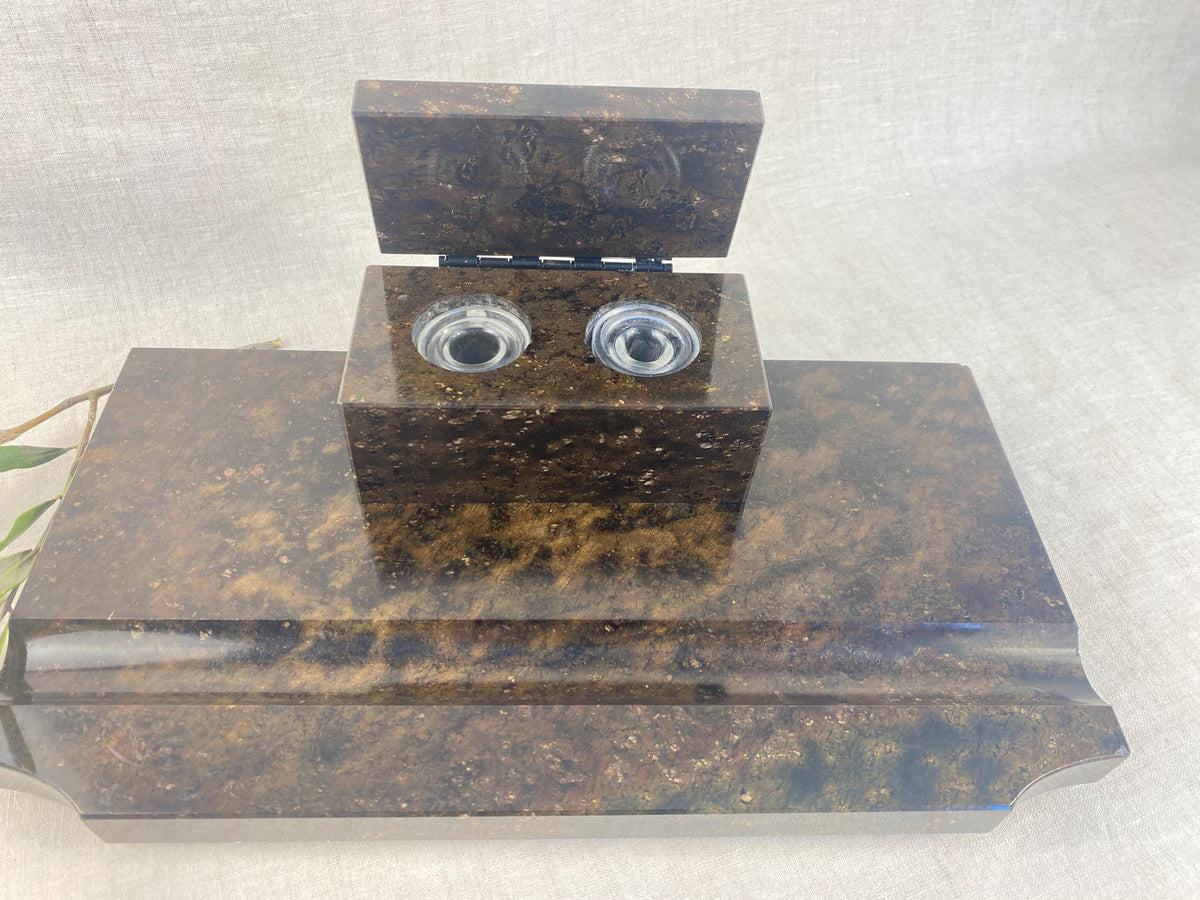 Double encrier en pierre de style Art Déco - Ensemble de bureau ancien en marbre Brunetta allemand