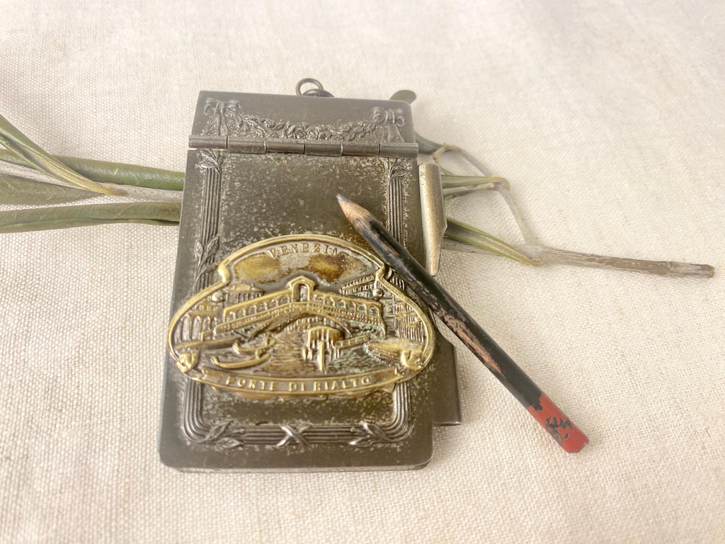 Libreta de bolsillo antigua plateada - Puente de Rialto de Venecia - Placa de latón - Art Nouveau