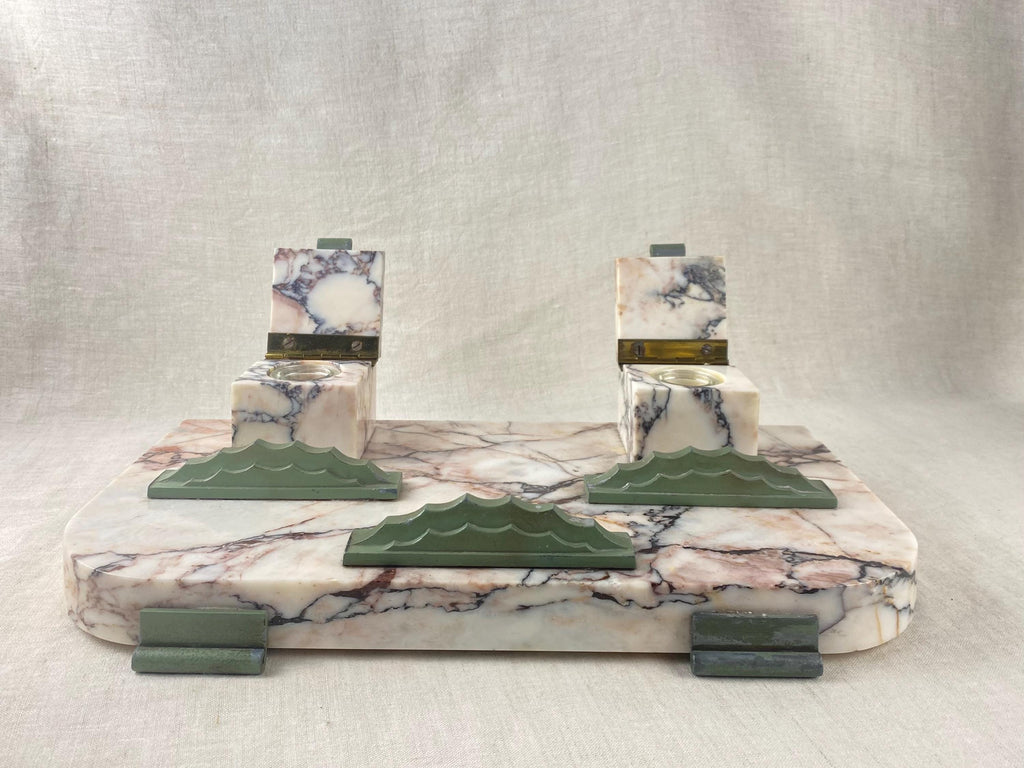 Art Deco Calacatta Viola Marble Double Inkwell, Large Italian Desk Set, 1920s