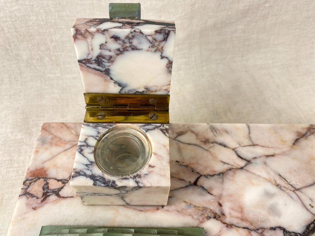 Art Deco Calacatta Viola Marble Double Inkwell, Large Italian Desk Set, 1920s