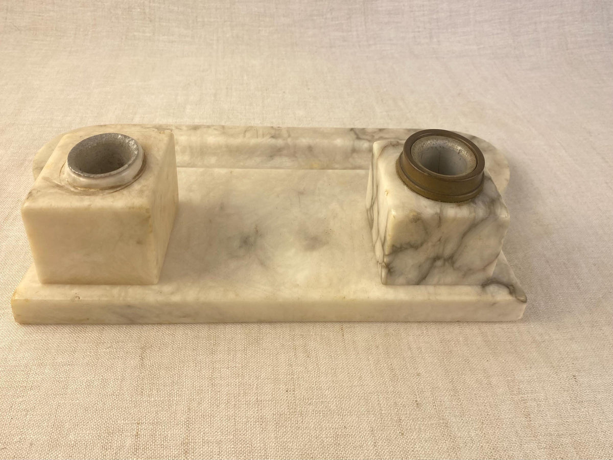 Double encrier Art déco en marbre de Carrare, ensemble de bureau ancien italien