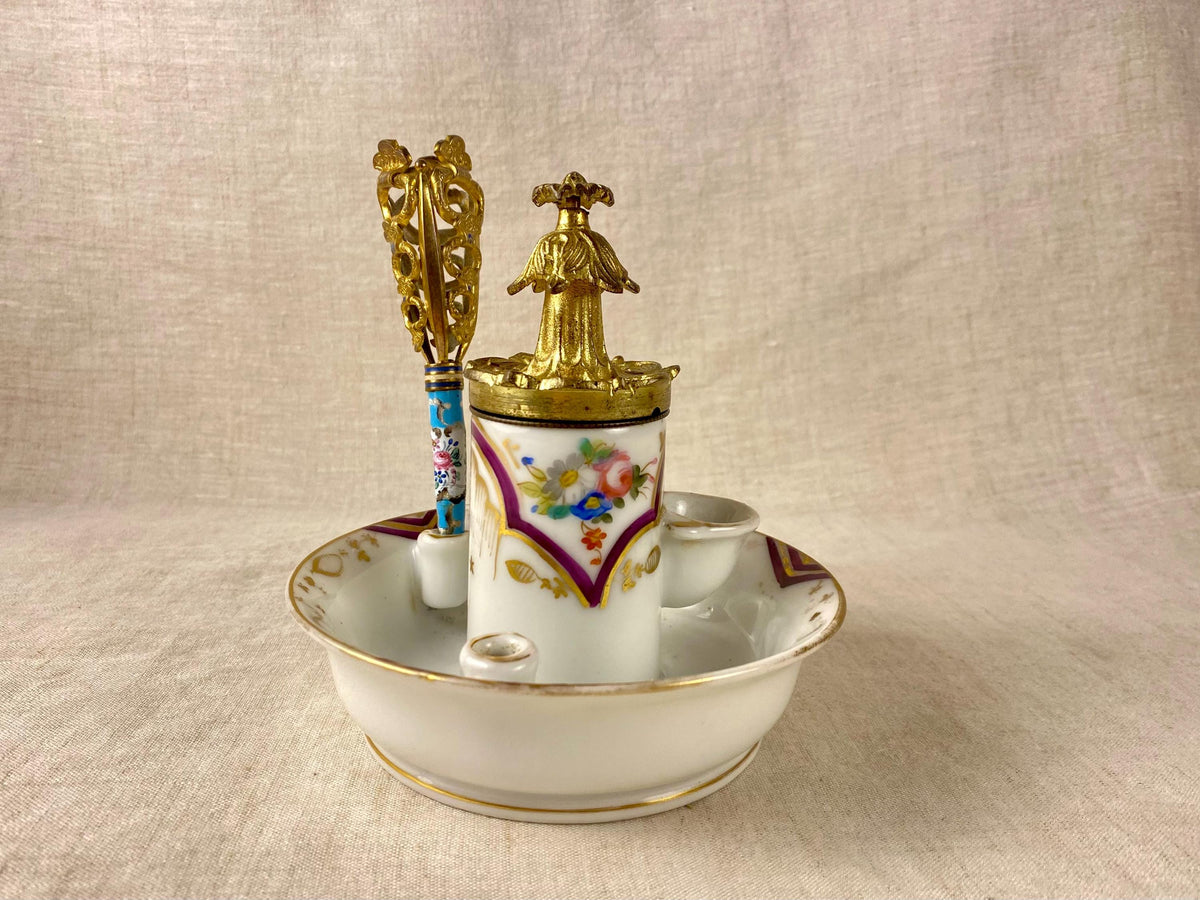 Tintero antiguo de porcelana de Vieux Paris – Bronce dorado al mercurio – Estilo neorrococó – c. 1840–1860