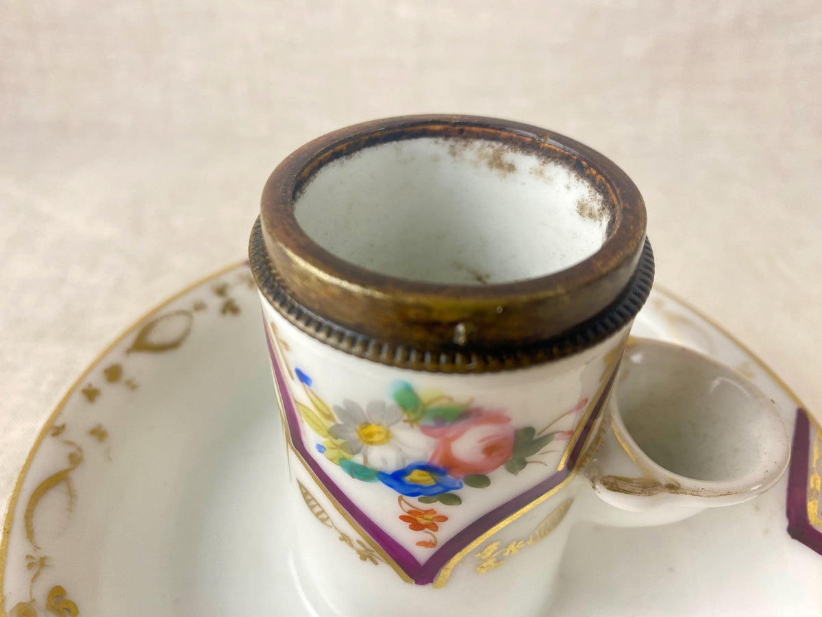 Tintero antiguo de porcelana de Vieux Paris – Bronce dorado al mercurio – Estilo neorrococó – c. 1840–1860