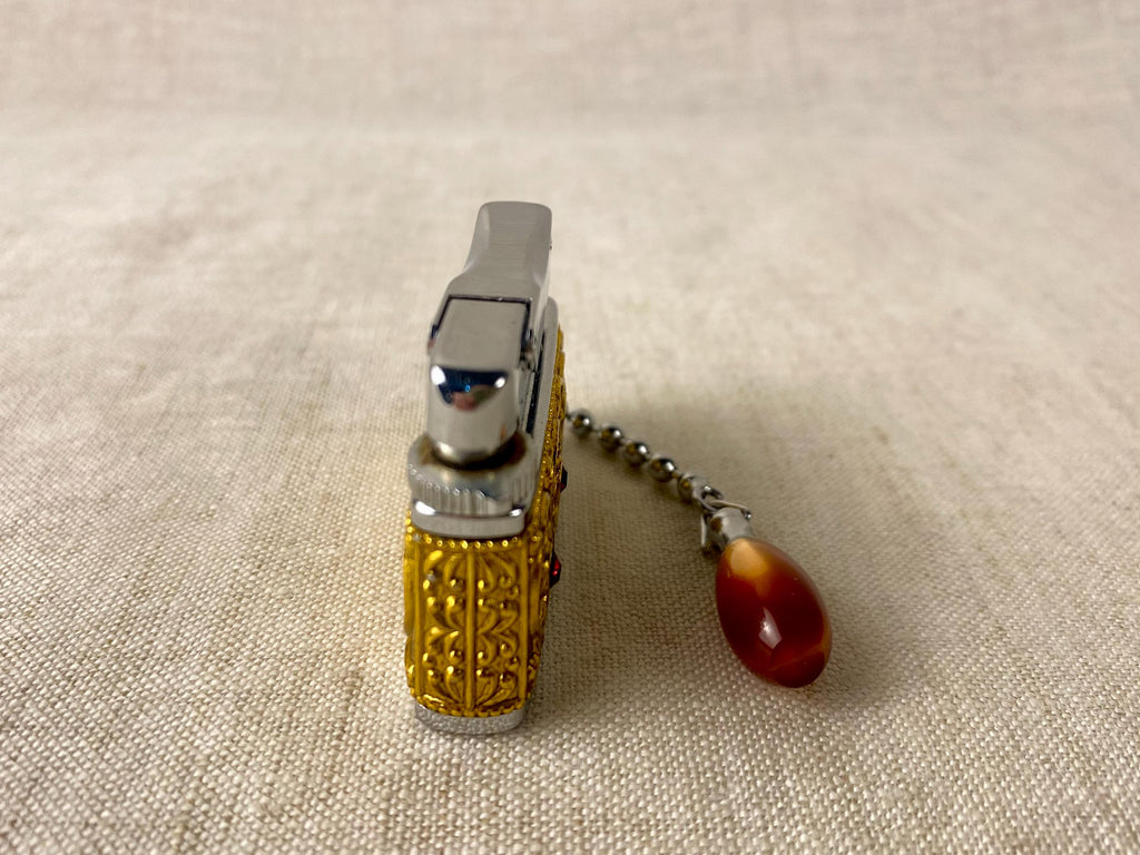 Vintage Sarome Baby Gas Lighter – Ornate Gold Tone with Red Cabochons – Boxed