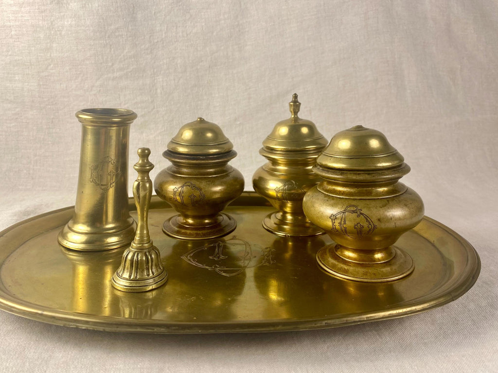 Antikes Standish-Tintenfass-Set aus Messing – ca. 1860er Jahre – mit Monogramm CD – Risorgimento-Epoche