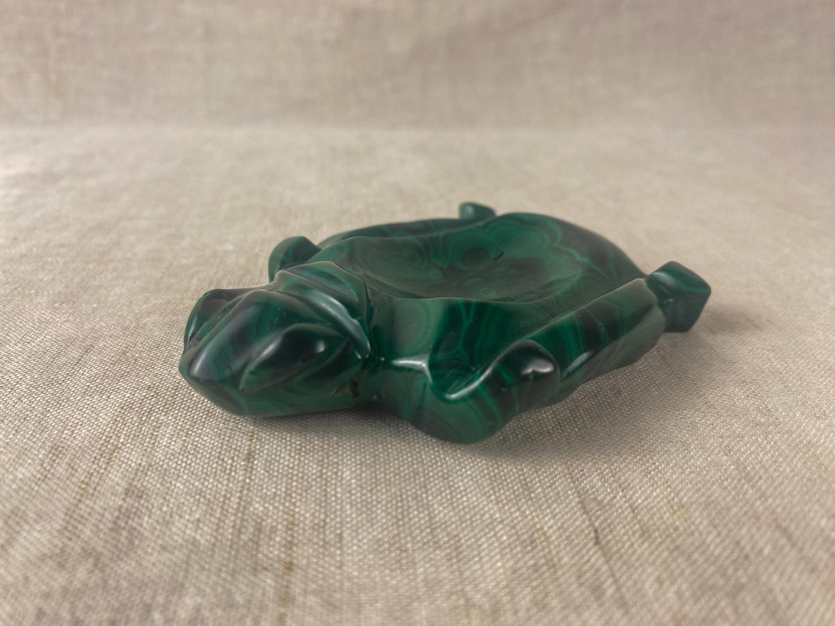 Vintage Malachite Turtle Dish - Hand Carved Green Stone Catchall - Sculptural Trinket Bowl