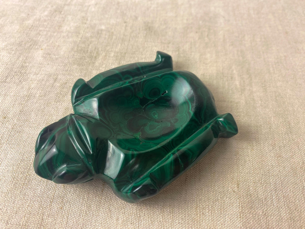 Vintage Malachite Turtle Dish - Hand Carved Green Stone Catchall - Sculptural Trinket Bowl