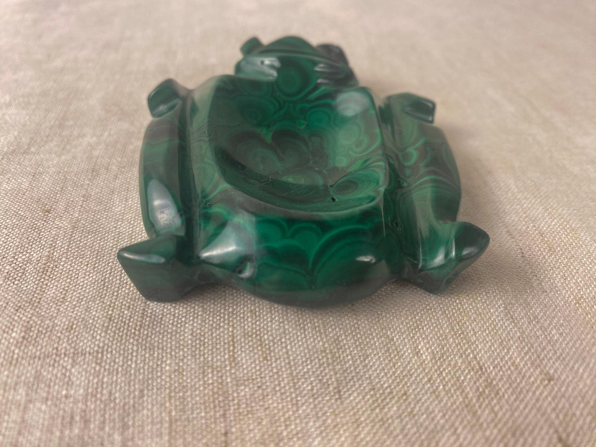 Vintage Malachite Turtle Dish - Hand Carved Green Stone Catchall - Sculptural Trinket Bowl