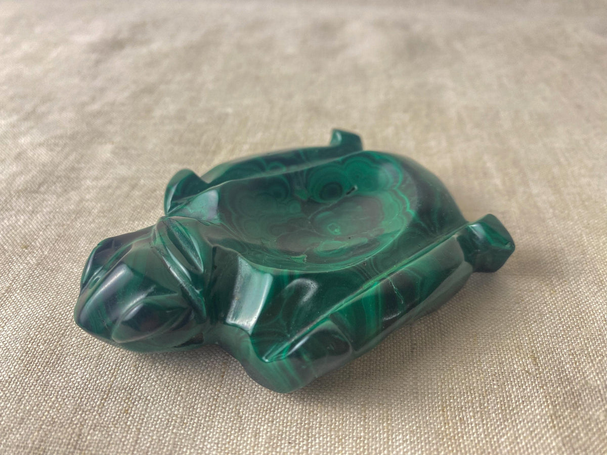 Vintage Malachite Turtle Dish - Hand Carved Green Stone Catchall - Sculptural Trinket Bowl