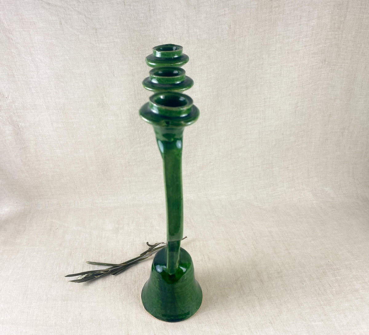 Moroccan Tamegroute Pottery Candelabra – Handcrafted Green Glazed Clay – Sculptural Decor