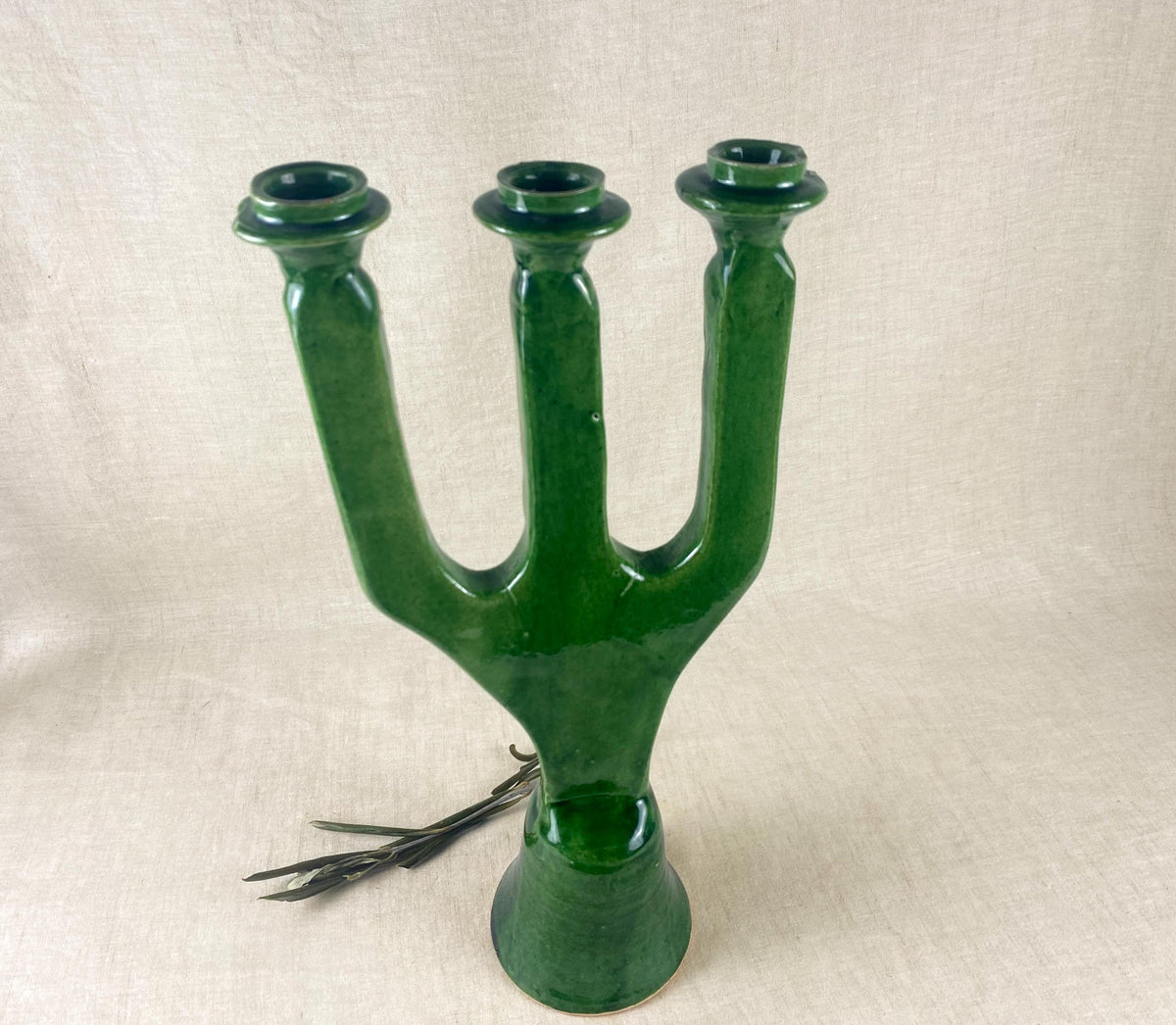 Moroccan Tamegroute Pottery Candelabra – Handcrafted Green Glazed Clay – Sculptural Decor