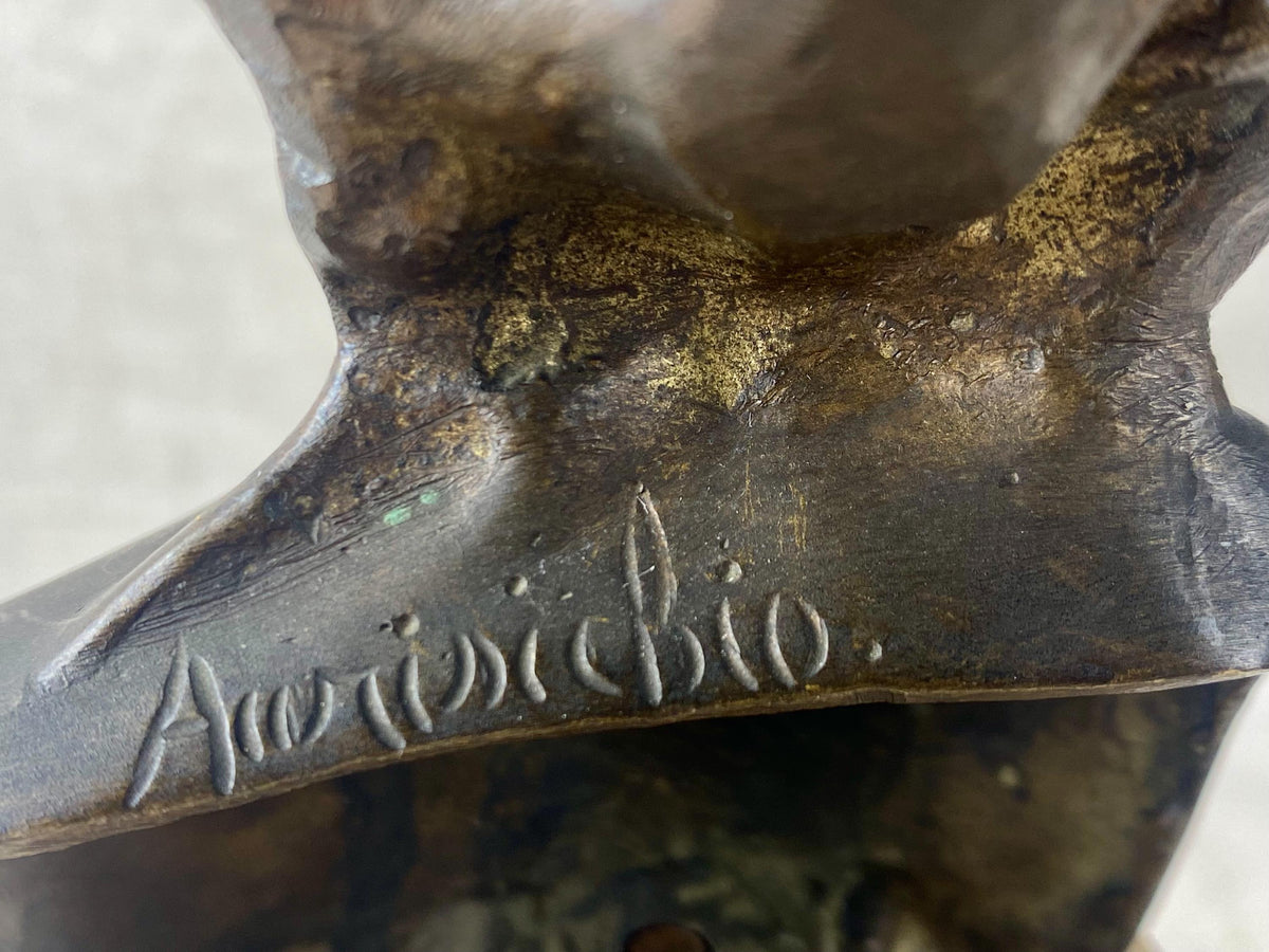 Buste antique en bronze italien La Dea Bendata, sculpture signée Aurisicchio, base en marbre Art Nouveau