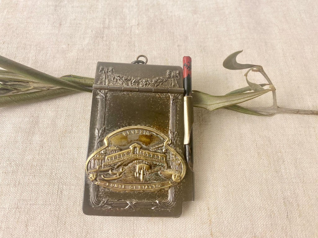Libreta de bolsillo antigua plateada - Puente de Rialto de Venecia - Placa de latón - Art Nouveau