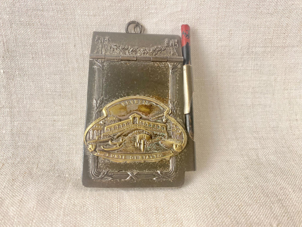 Libreta de bolsillo antigua plateada - Puente de Rialto de Venecia - Placa de latón - Art Nouveau