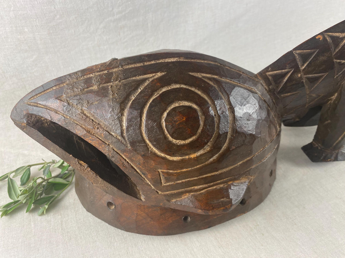 African Bobo Fing Chameleon Mask – Hand Carved Wood Tribal Sculpture, Burkina Faso Wall Art