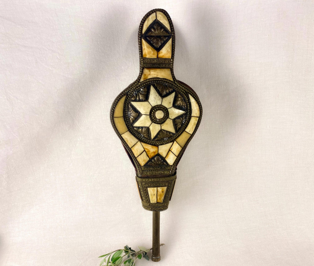 Moroccan Rabouz Fireplace Bellows- Vintage Maalem Artisan Bone Inlay- Geometric Star