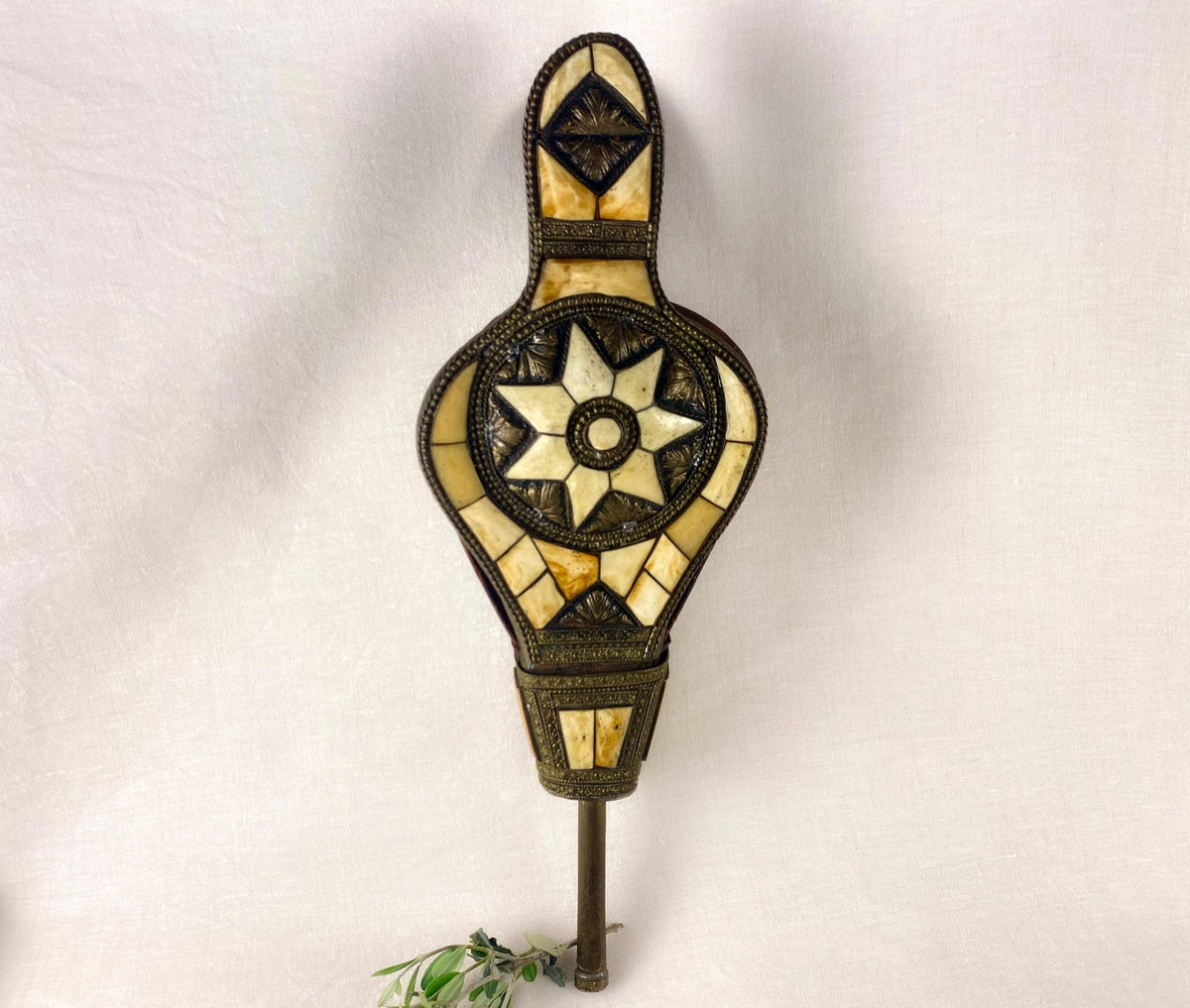 Moroccan Rabouz Fireplace Bellows- Vintage Maalem Artisan Bone Inlay- Geometric Star