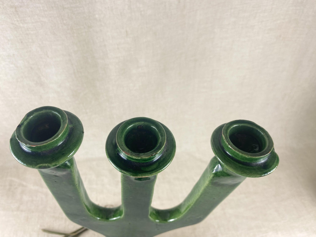 Moroccan Tamegroute Pottery Candelabra – Handcrafted Green Glazed Clay – Sculptural Decor