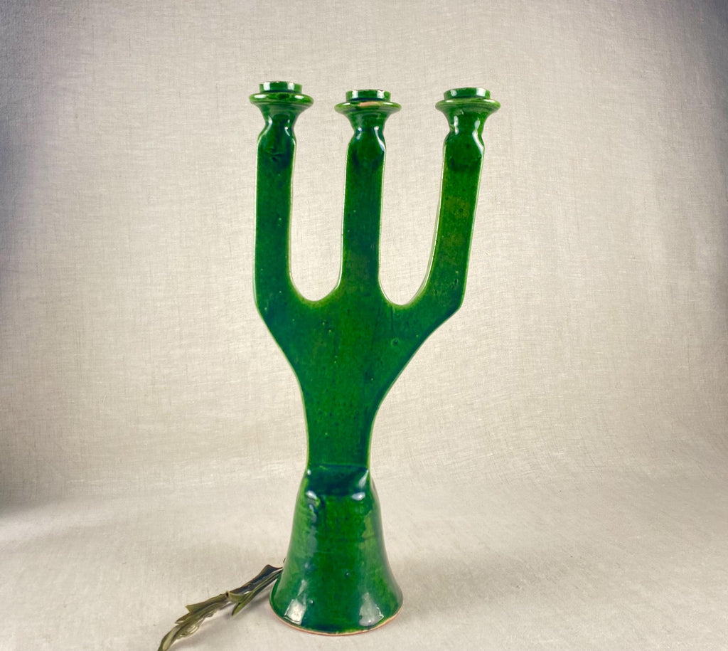 Moroccan Tamegroute Pottery Candelabra – Handcrafted Green Glazed Clay – Sculptural Decor
