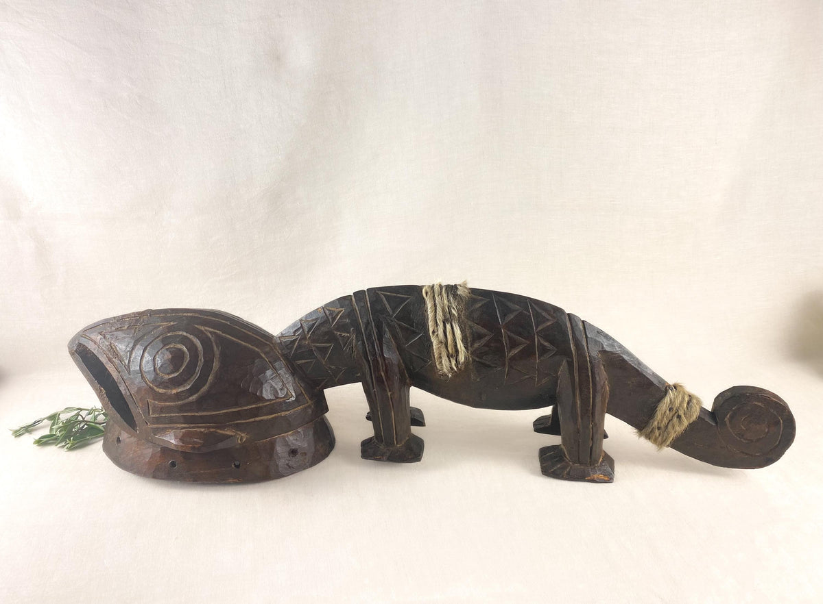African Bobo Fing Chameleon Mask – Hand Carved Wood Tribal Sculpture, Burkina Faso Wall Art