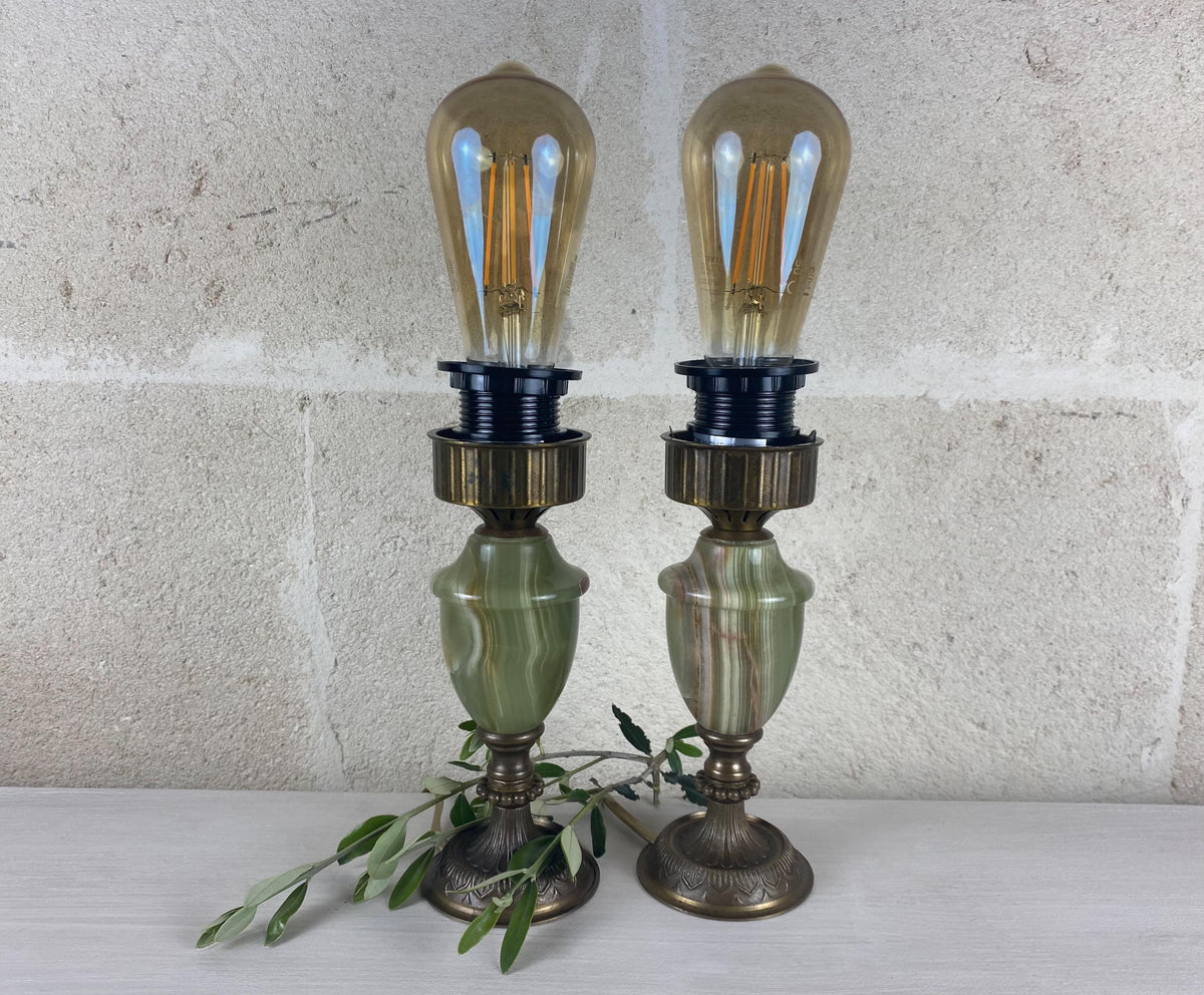 Lampes de table en onyx italien – Laiton vintage – Éclairage du milieu du siècle