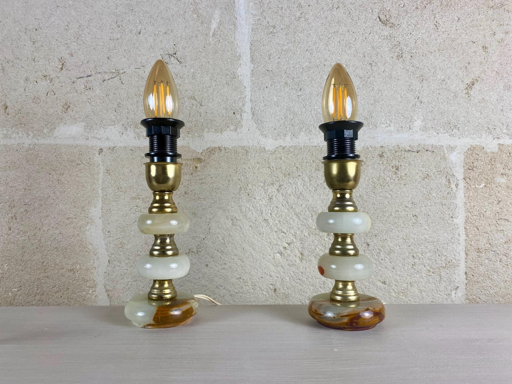 Lampes de table vintage en onyx - Éclairage en pierre avec accents de laiton - Style italien du milieu du siècle