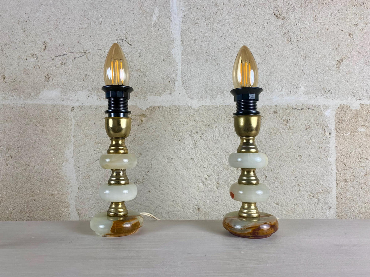 Lampes de table vintage en onyx - Éclairage en pierre avec accents de laiton - Style italien du milieu du siècle