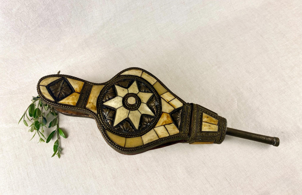 Moroccan Rabouz Fireplace Bellows- Vintage Maalem Artisan Bone Inlay- Geometric Star