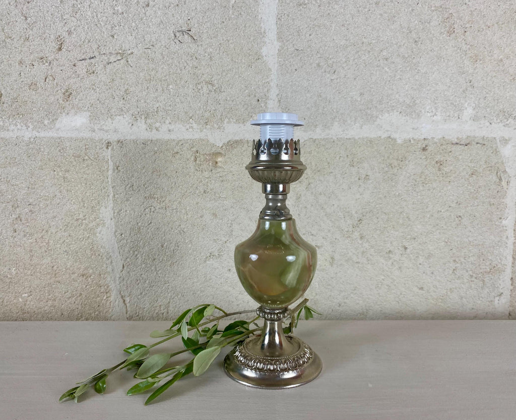 Green Onyx Accent Lamp with Silver-Tone Base, Vintage Sculptural Table Lighting
