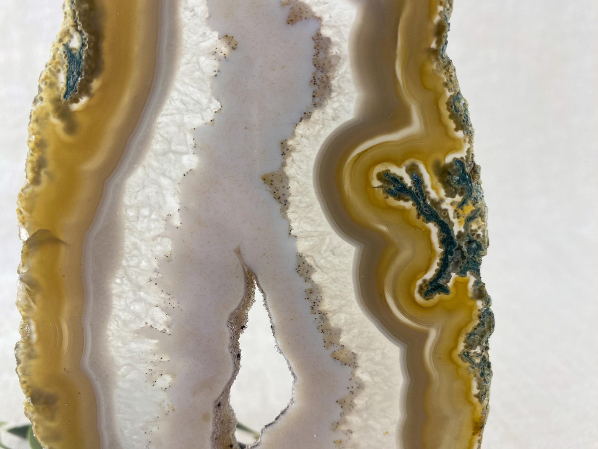 Tranche d'agate du Brésil – Décoration sculpturale en pierre – Inclusions minérales vertes – Centre cristallisé