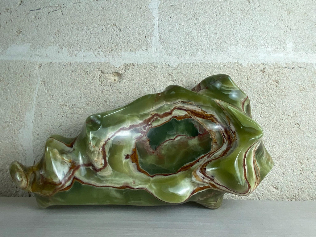 Large Italian Green Onyx Bowl -Hand Carved Stone Centerpiece -Sculptural Statement Decorative Object