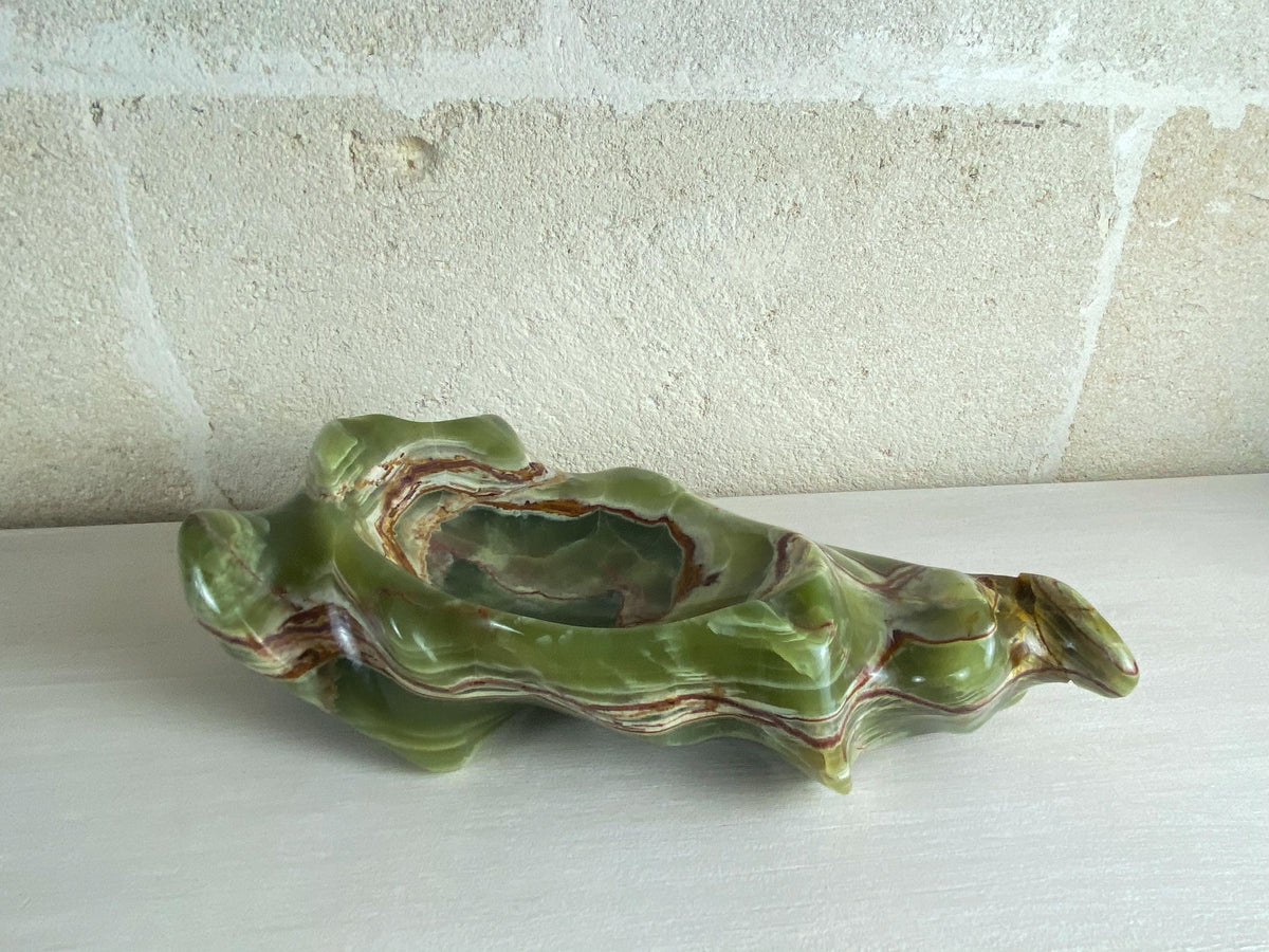Large Italian Green Onyx Bowl -Hand Carved Stone Centerpiece -Sculptural Statement Decorative Object