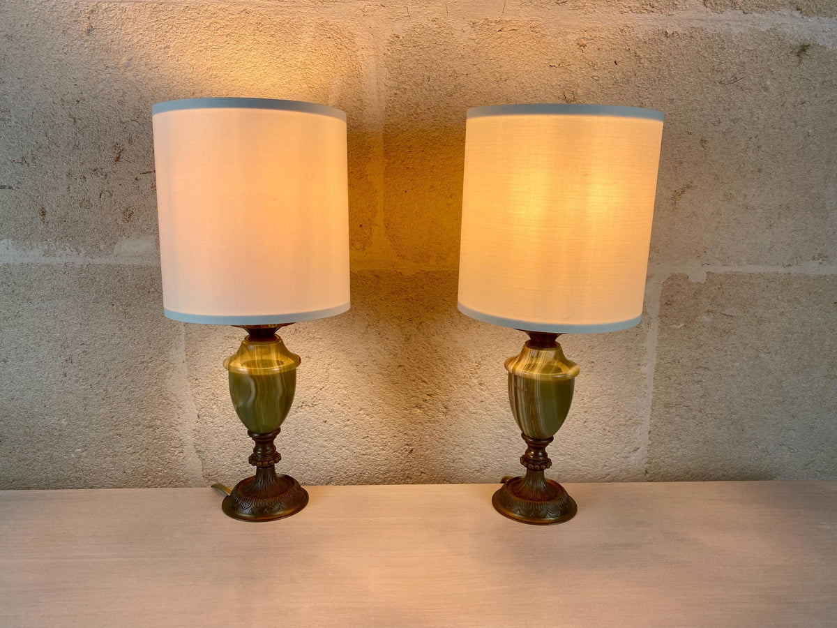 Lampes de table en onyx italien – Laiton vintage – Éclairage du milieu du siècle