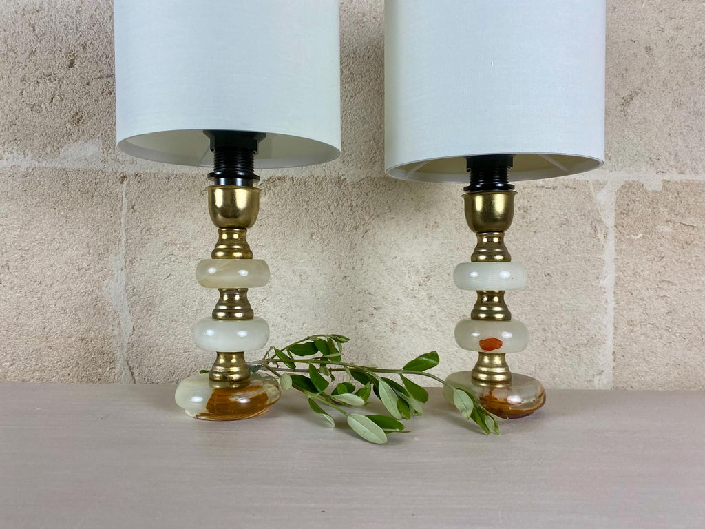Lampes de table vintage en onyx - Éclairage en pierre avec accents de laiton - Style italien du milieu du siècle