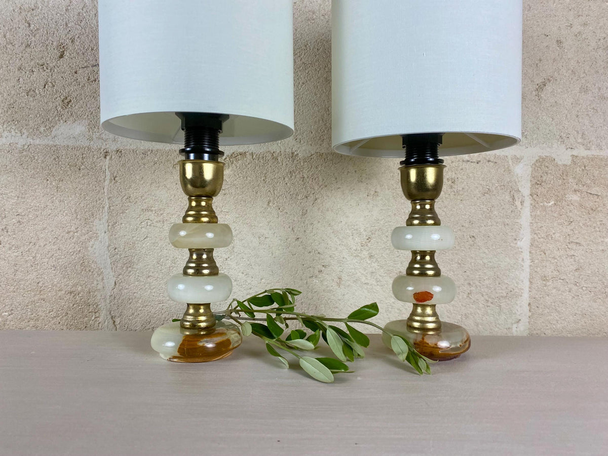 Lampes de table vintage en onyx - Éclairage en pierre avec accents de laiton - Style italien du milieu du siècle