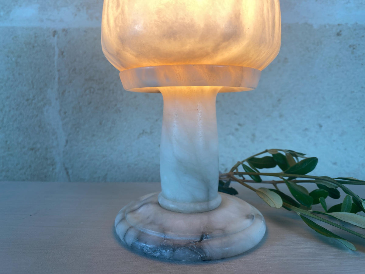 Lampe champignon vintage en albâtre - Style Art déco streamline - Éclairage de table des années 1930-1940