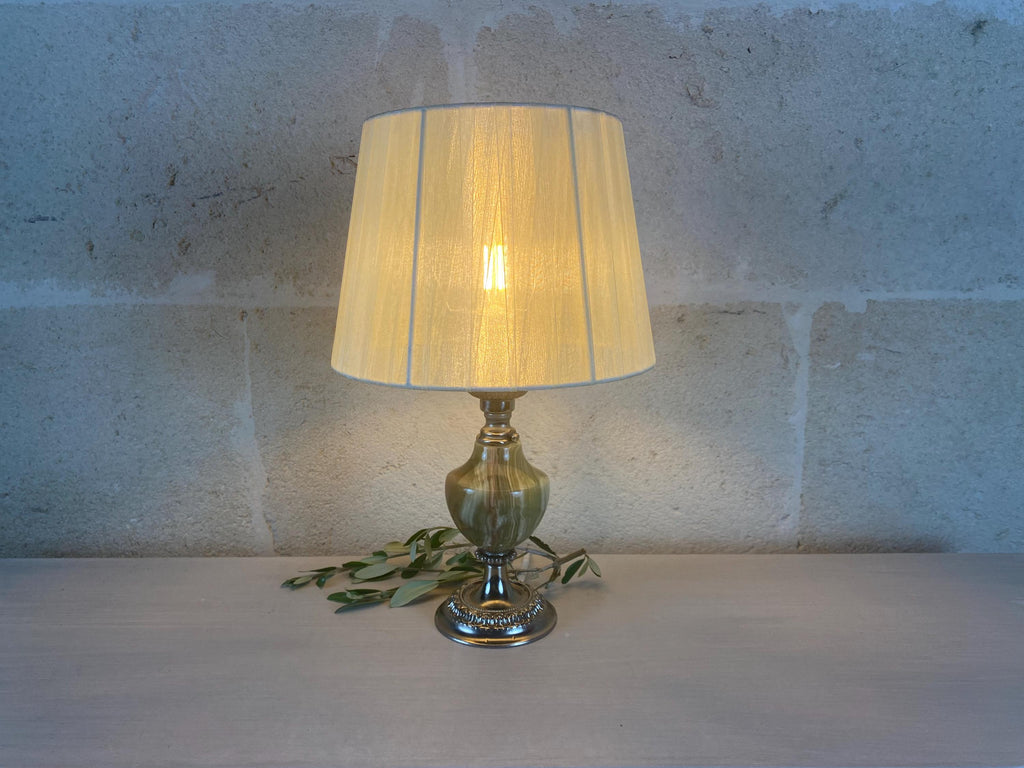 Green Onyx Accent Lamp with Silver-Tone Base, Vintage Sculptural Table Lighting