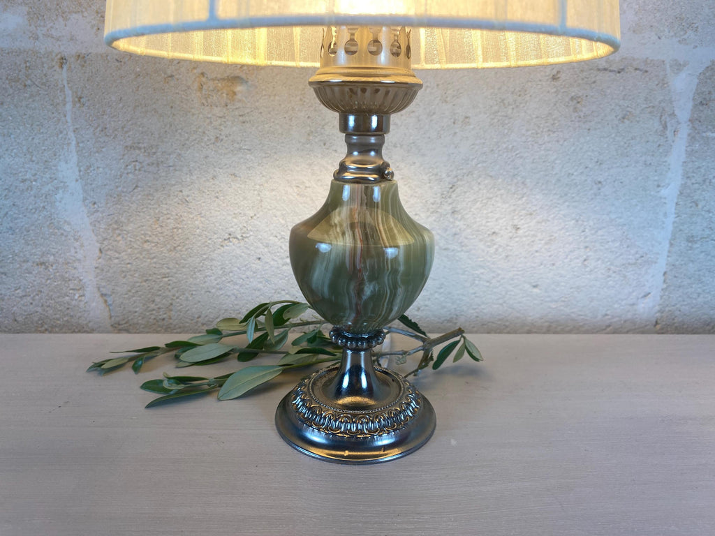 Green Onyx Accent Lamp with Silver-Tone Base, Vintage Sculptural Table Lighting