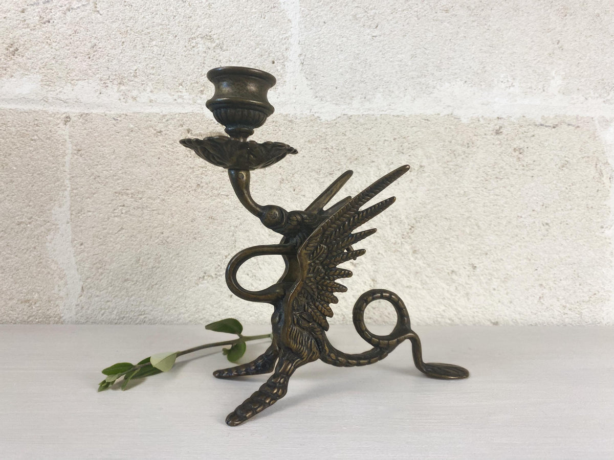 Italienischer Vintage-Drachen-Kerzenhalter – Bronzierter massiver Messing-Kerzenständer
