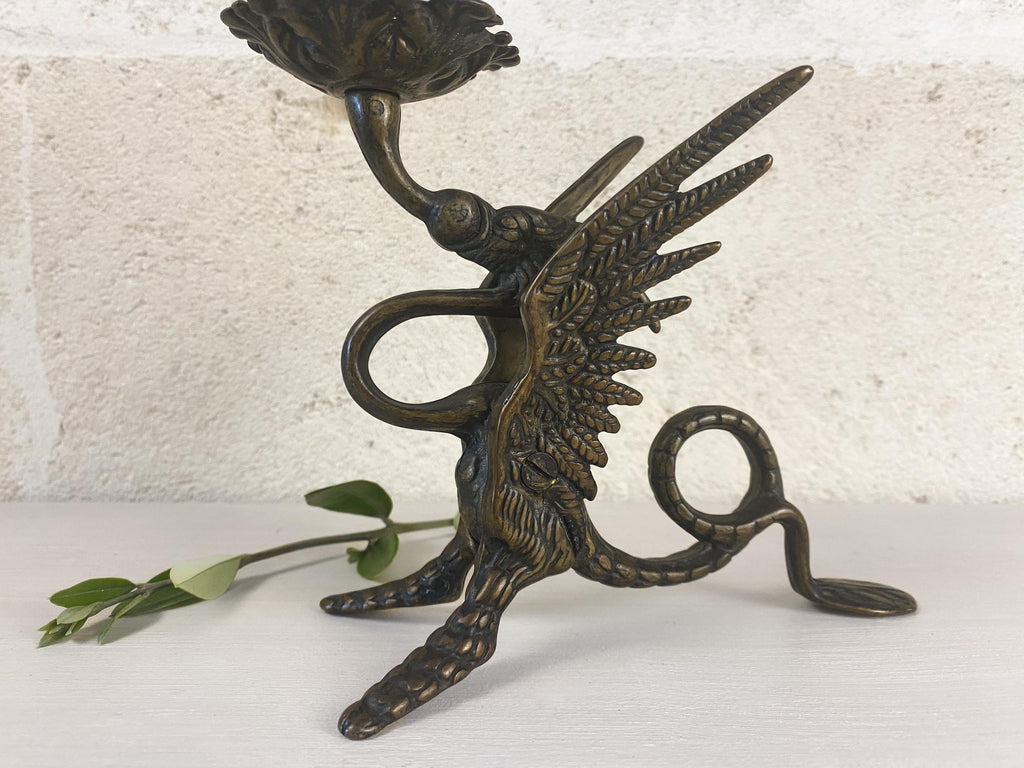 Italienischer Vintage-Drachen-Kerzenhalter – Bronzierter massiver Messing-Kerzenständer