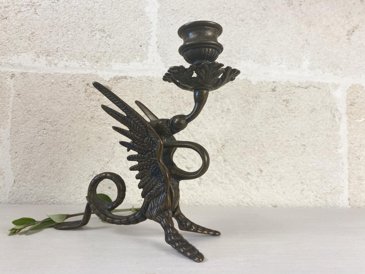 Italienischer Vintage-Drachen-Kerzenhalter – Bronzierter massiver Messing-Kerzenständer